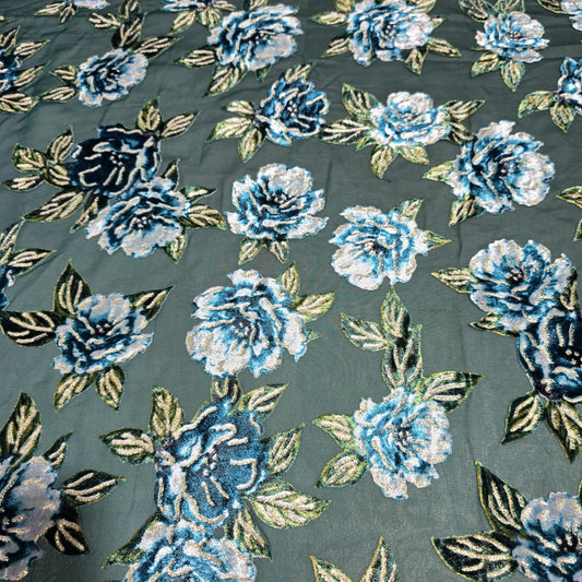 Sage Green Floral Burnout Velvet Mesh Fabric – Blue Rose Devoré Sheer Dress Fabric 58" Wide | Luxury Evening Fabric | Sold by the Metre