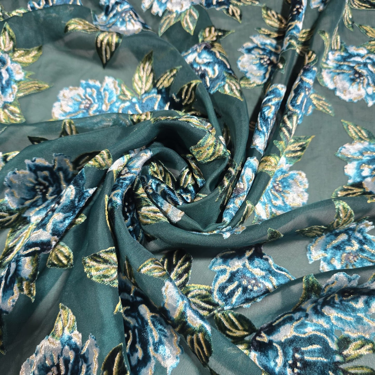Sage Green Floral Burnout Velvet Mesh Fabric – Blue Rose Devoré Sheer Dress Fabric 58" Wide | Luxury Evening Fabric | Sold by the Metre