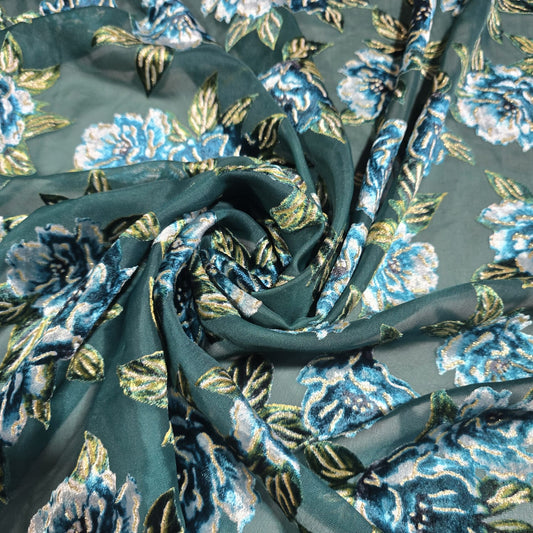 Sage Green Floral Burnout Velvet Mesh Fabric – Blue Rose Devoré Sheer Dress Fabric 58" Wide | Luxury Evening Fabric | Sold by the Metre