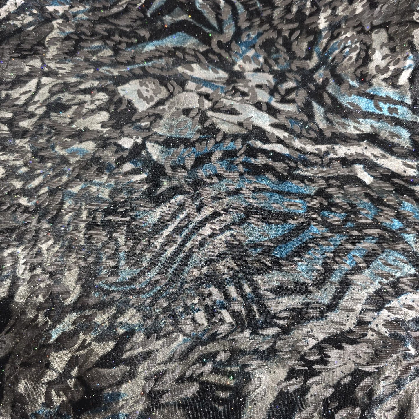 Black Silver Blue Glitter Velour Devoré Stretch Fabric – Burnout Velvet Dress Fabric 58" Wide | Luxury Stretch Fabric | Sold by the Metre
