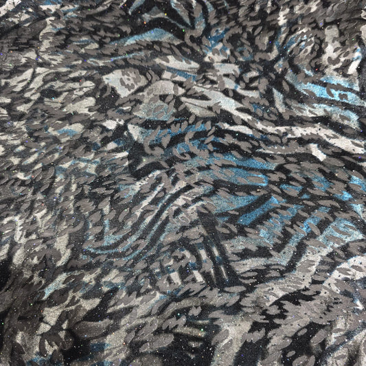 Black Silver Blue Glitter Velour Devoré Stretch Fabric – Burnout Velvet Dress Fabric 58" Wide | Luxury Stretch Fabric | Sold by the Metre