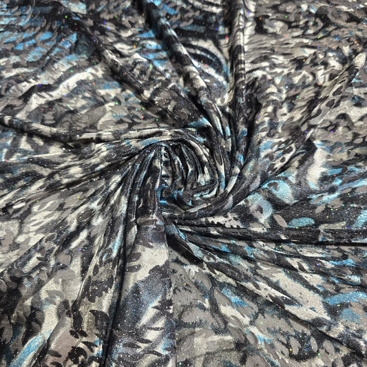 Black Silver Blue Glitter Velour Devoré Stretch Fabric – Burnout Velvet Dress Fabric 58" Wide | Luxury Stretch Fabric | Sold by the Metre