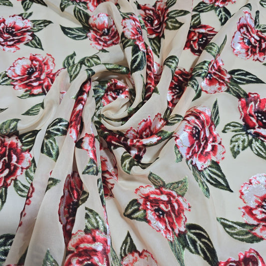 Beige Floral Burnout Velvet Mesh Fabric – Devoré Rose Sheer Dress Fabric 58" Wide | Luxury Evening Fabric | Sold by the Metre