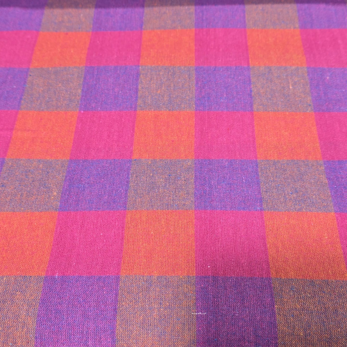 Cotton Linen Madras Check Fabric – Pink, Purple & Orange Plaid | 44" Wide | Lightweight Dressmaking Fabric | Sold by the Metre