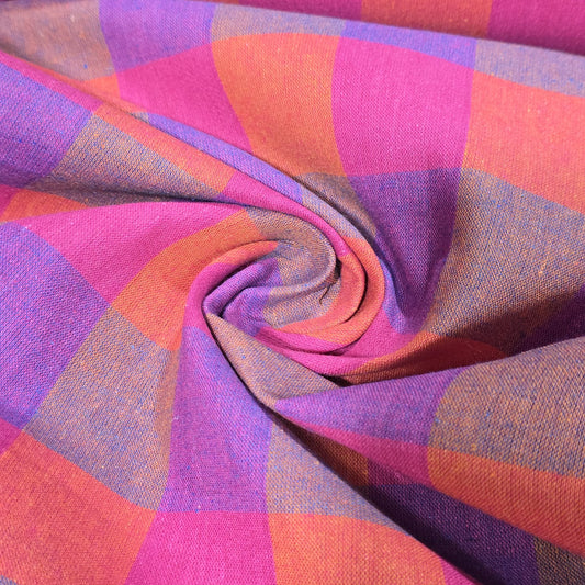Cotton Linen Madras Check Fabric – Pink, Purple & Orange Plaid | 44" Wide | Lightweight Dressmaking Fabric | Sold by the Metre