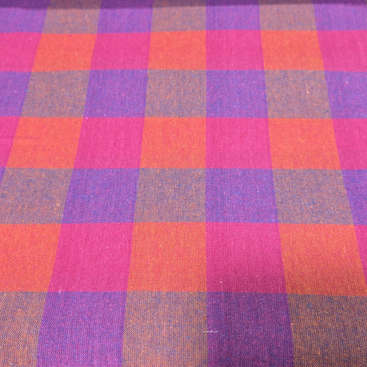 Cotton Linen Madras Check Fabric – Pink, Purple & Orange Plaid | 44" Wide | Lightweight Dressmaking Fabric | Sold by the Metre
