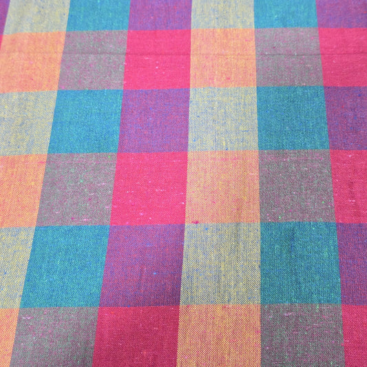Cotton Linen Madras Check Fabric – Teal, Cerise Pink & Beige Plaid | 44" Wide | Lightweight Woven Dressmaking Fabric | Sold by the Metre