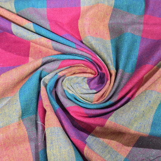 Cotton Linen Madras Check Fabric – Teal, Cerise Pink & Beige Plaid | 44" Wide | Lightweight Woven Dressmaking Fabric | Sold by the Metre
