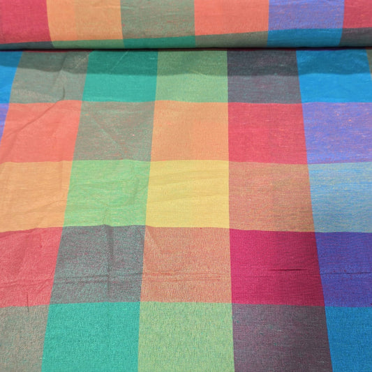Cotton Linen Madras Check Fabric – Multi Colour Plaid | 44" Wide | Lightweight Woven Dressmaking Fabric | Sold by the Metre
