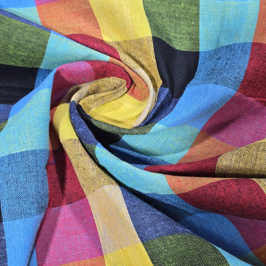 Cotton Linen Madras Check Fabric – Blue, Yellow & Burgundy Plaid | 44" Wide | Lightweight Woven Dressmaking Fabric | Sold by the Metre