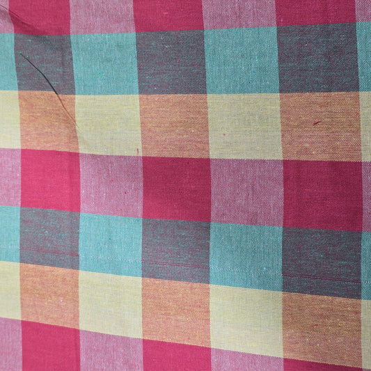 Cotton Linen Madras Check Fabric – Cerise Pink, Duck Egg & Cream Plaid | 44" Wide | Lightweight Woven Dressmaking Fabric | Sold by the Metre