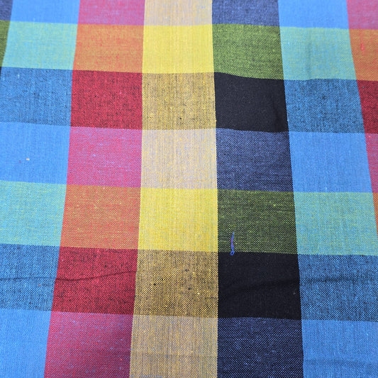 Cotton Linen Madras Check Fabric – Blue, Yellow & Burgundy Plaid | 44" Wide | Lightweight Woven Dressmaking Fabric | Sold by the Metre