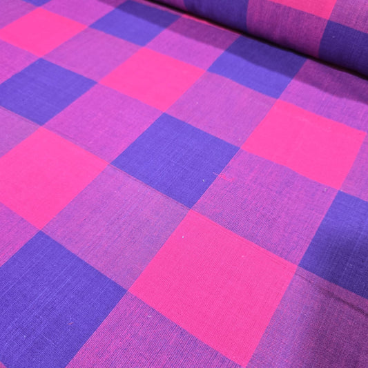 Cotton Linen Madras Check Fabric – Cerise Pink & Purple Plaid | 44" Wide | Lightweight Woven Dressmaking Fabric | Sold by the Metre