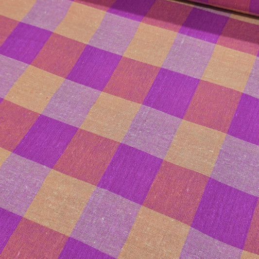 Cotton Linen Madras Check Fabric – Purple & Beige Plaid | 44" Wide | Lightweight Woven Dressmaking Fabric | Sold by the Metre
