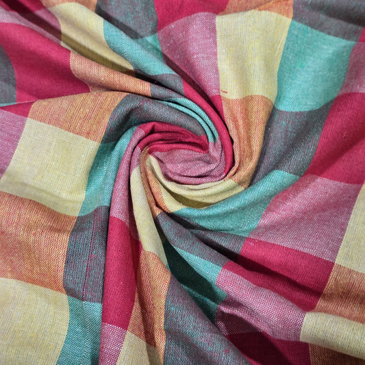 Cotton Linen Madras Check Fabric – Cerise Pink, Duck Egg & Cream Plaid | 44" Wide | Lightweight Woven Dressmaking Fabric | Sold by the Metre