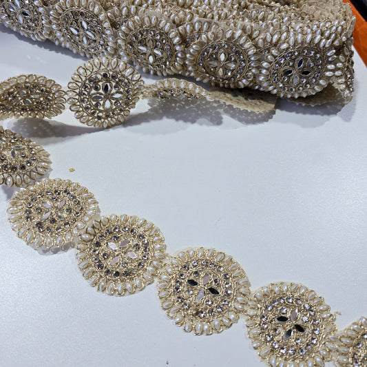 9 Metre Pearl & Crystal Embellished Lace Trim | Luxury Bridal Saree Border Wedding Dress Ribbon