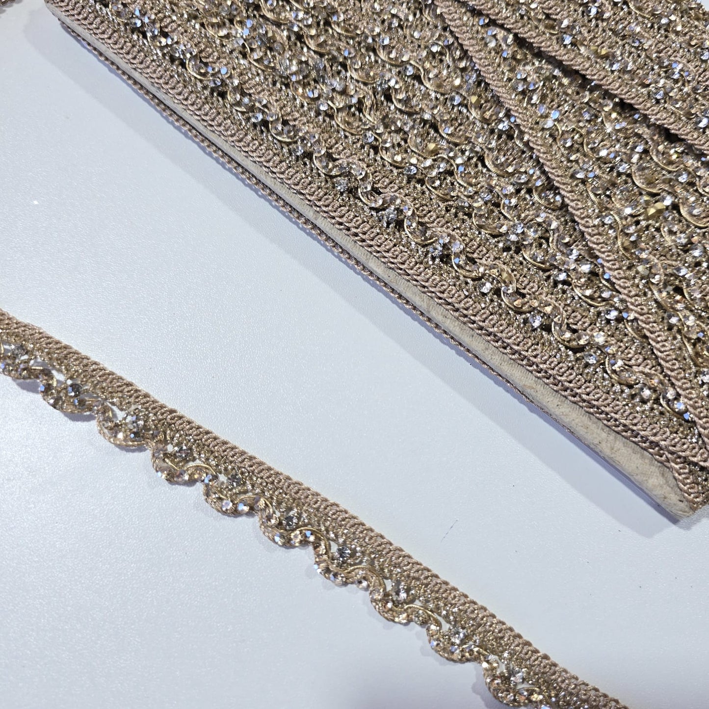 9 Metre Gold Crystal Rhinestone Scalloped Lace Trim | Bridal Saree Border Sewing Embellishment