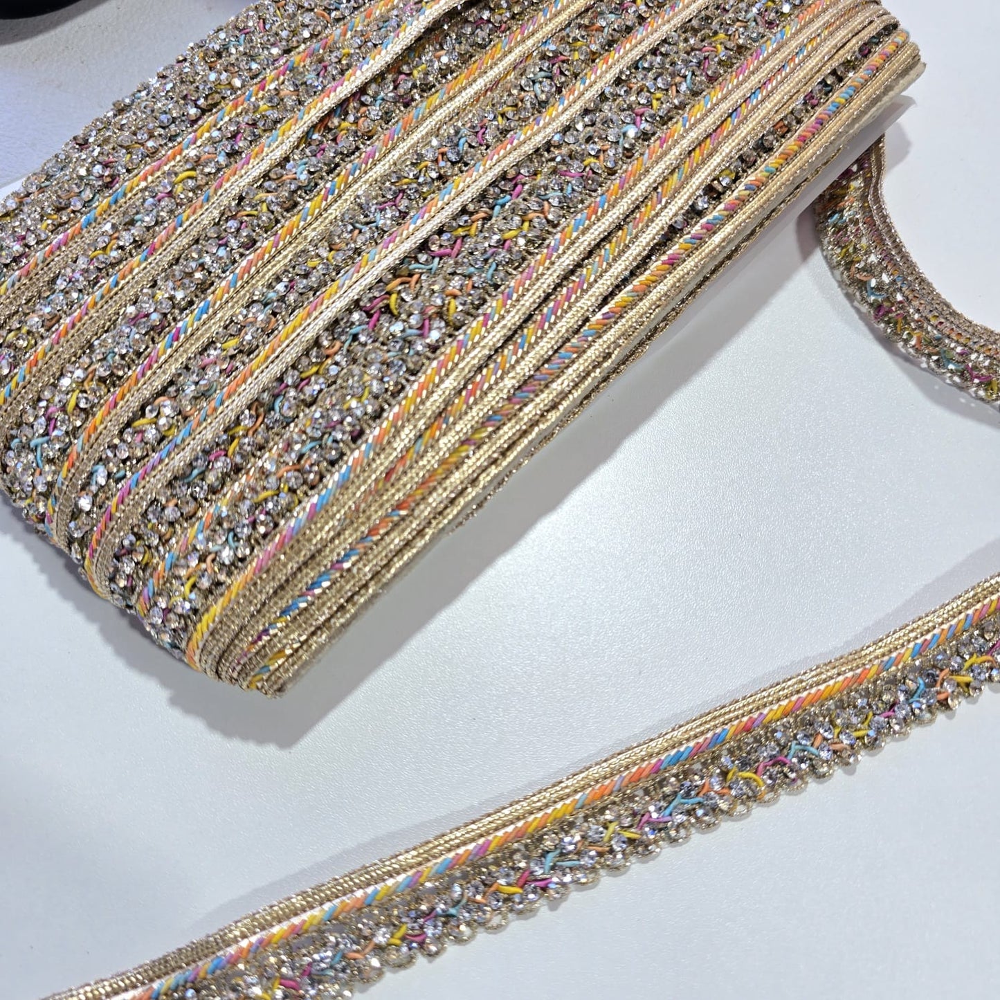 9 Metre Luxury Rainbow Crystal Rhinestone Lace Trim Gold Decorative Border Ribbon Sewing Craft Embellishment