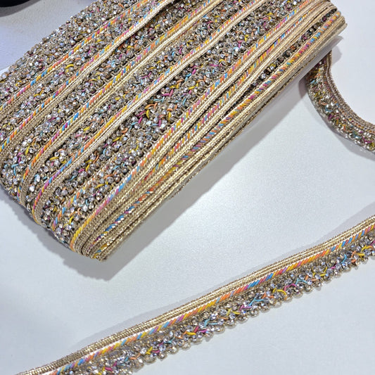 9 Metre Luxury Rainbow Crystal Rhinestone Lace Trim Gold Decorative Border Ribbon Sewing Craft Embellishment