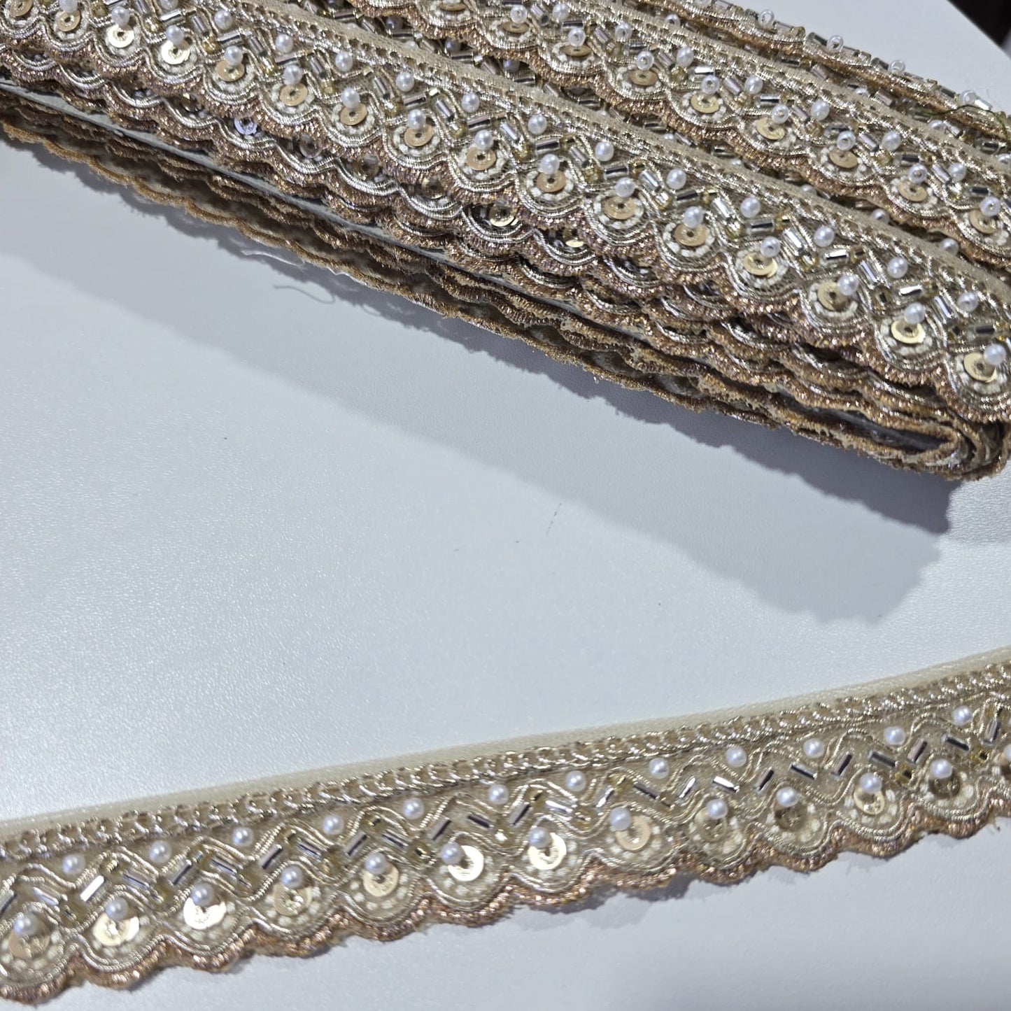 9 Metre Gold Sequin & Pearl Embroidered Lace Trim | Bridal Saree Border Wedding Dress Decorative Ribbon