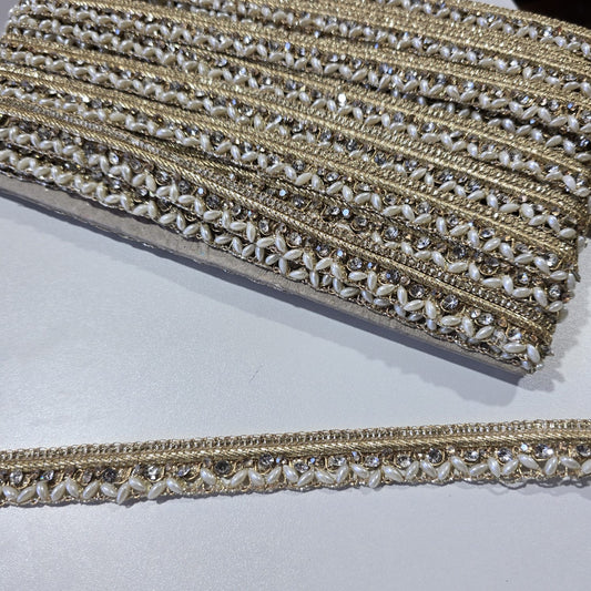 9 Metre Pearl & Crystal Embellished Lace Trim | Gold Bridal Saree Border Wedding Dress Decorative Ribbon