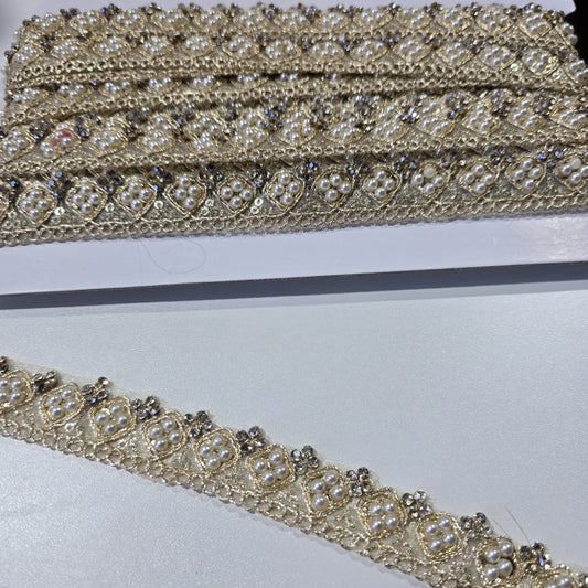9 Metre Gold Pearl & Crystal Embroidered Lace Trim | Luxury Bridal Saree Border Wedding Dress Ribbon