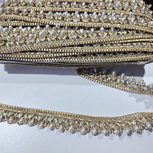 9 Metre Gold Teardrop Pearl & Crystal Embroidered Lace Trim | Bridal Saree Border Wedding Dress Decorative Ribbon