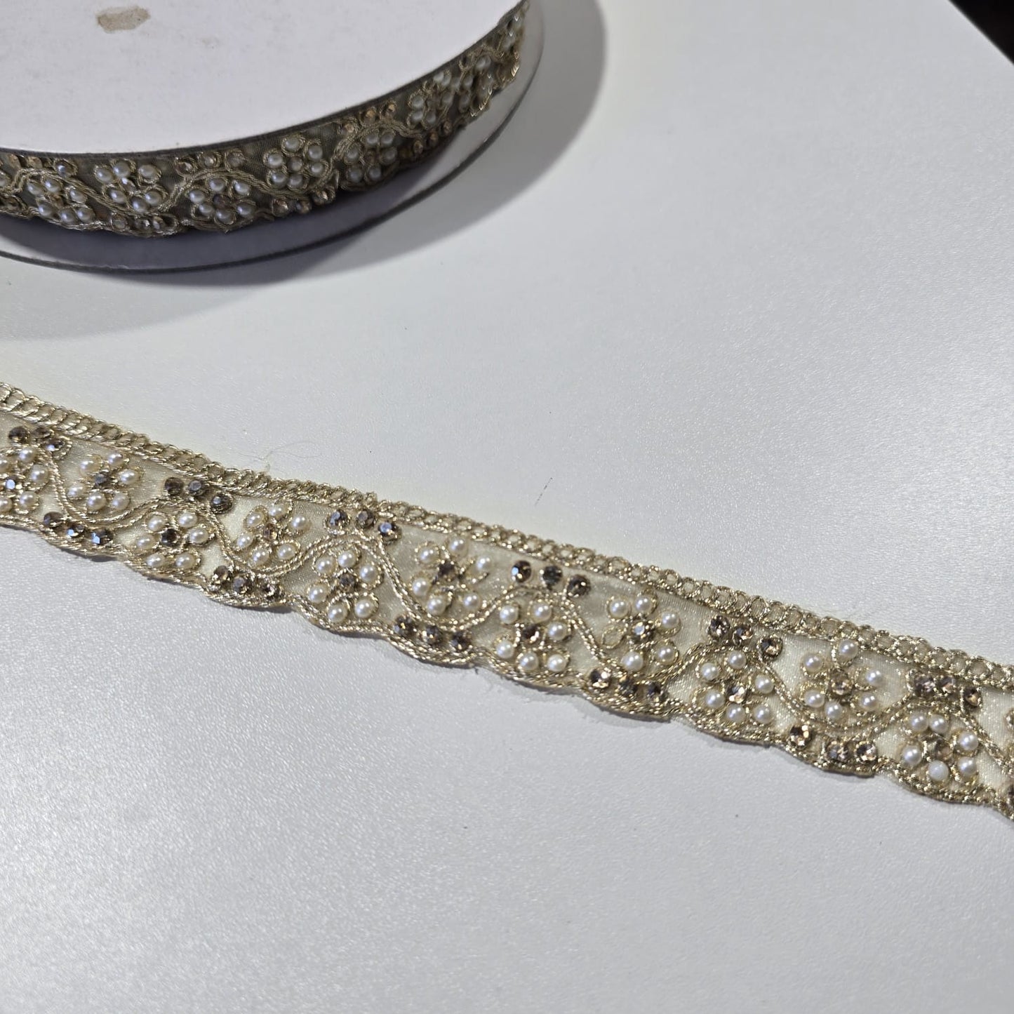 9 Metre Gold Pearl & Crystal Floral Embroidered Lace Trim | Bridal Saree Border Wedding Dress Decorative Ribbon