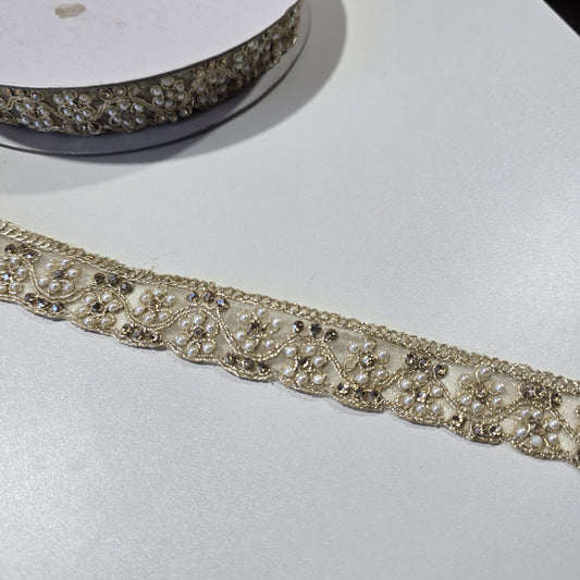 9 Metre Gold Pearl & Crystal Floral Embroidered Lace Trim | Bridal Saree Border Wedding Dress Decorative Ribbon