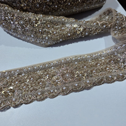 9 Metre Gold Embroidered Pearl & Sequin Lace Trim | Bridal Floral Border Ribbon for Saree, Dress & Craft