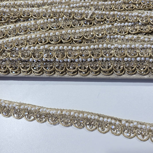 9 Metre Gold Pearl & Crystal Embroidered Lace Trim | Bridal Saree Border Wedding Dress Decorative Ribbon
