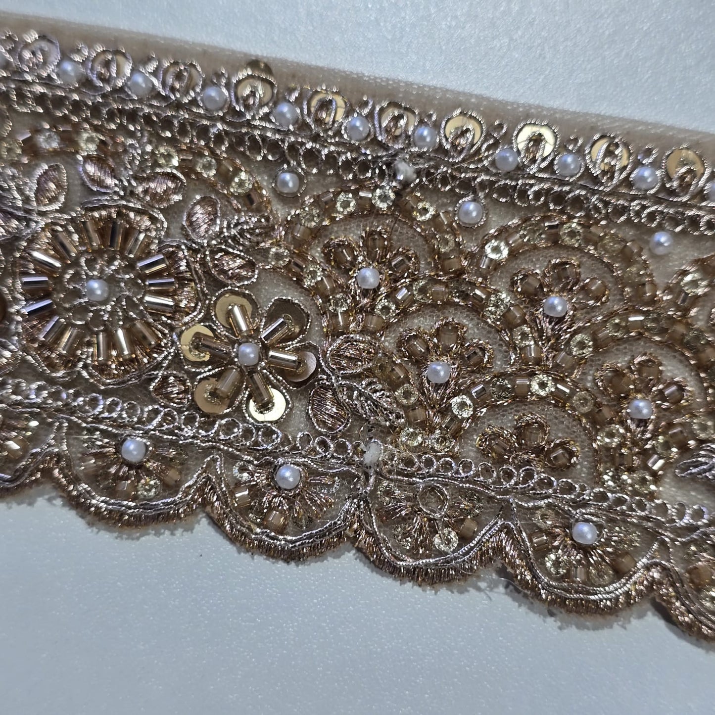 9 Metre Gold Embroidered Pearl & Sequin Lace Trim | Bridal Floral Border Ribbon for Saree, Dress & Craft