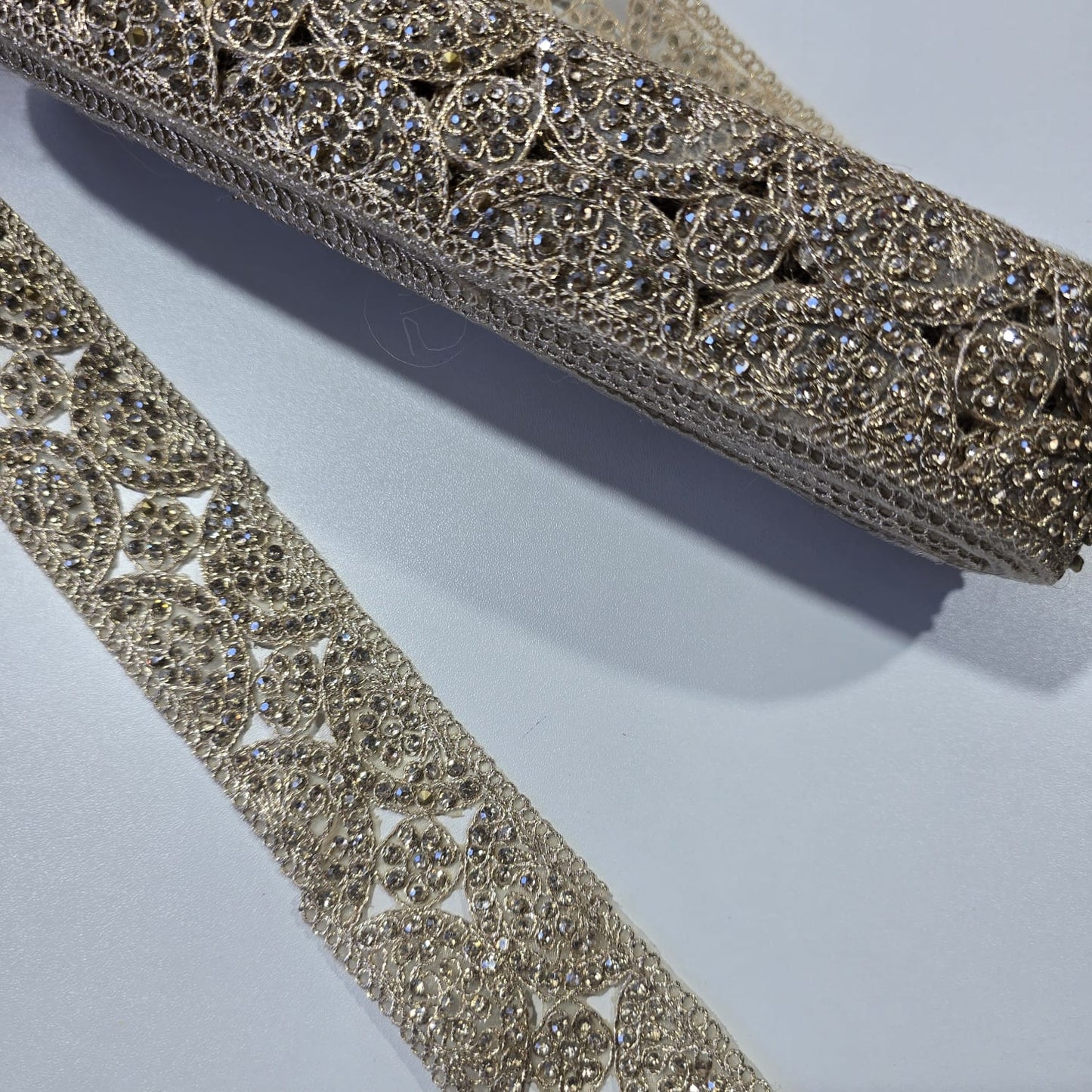 9 Metre Gold Crystal Embroidered Lace Trim | Luxury Bridal Rhinestone Border Ribbon for Saree, Dress & Craft