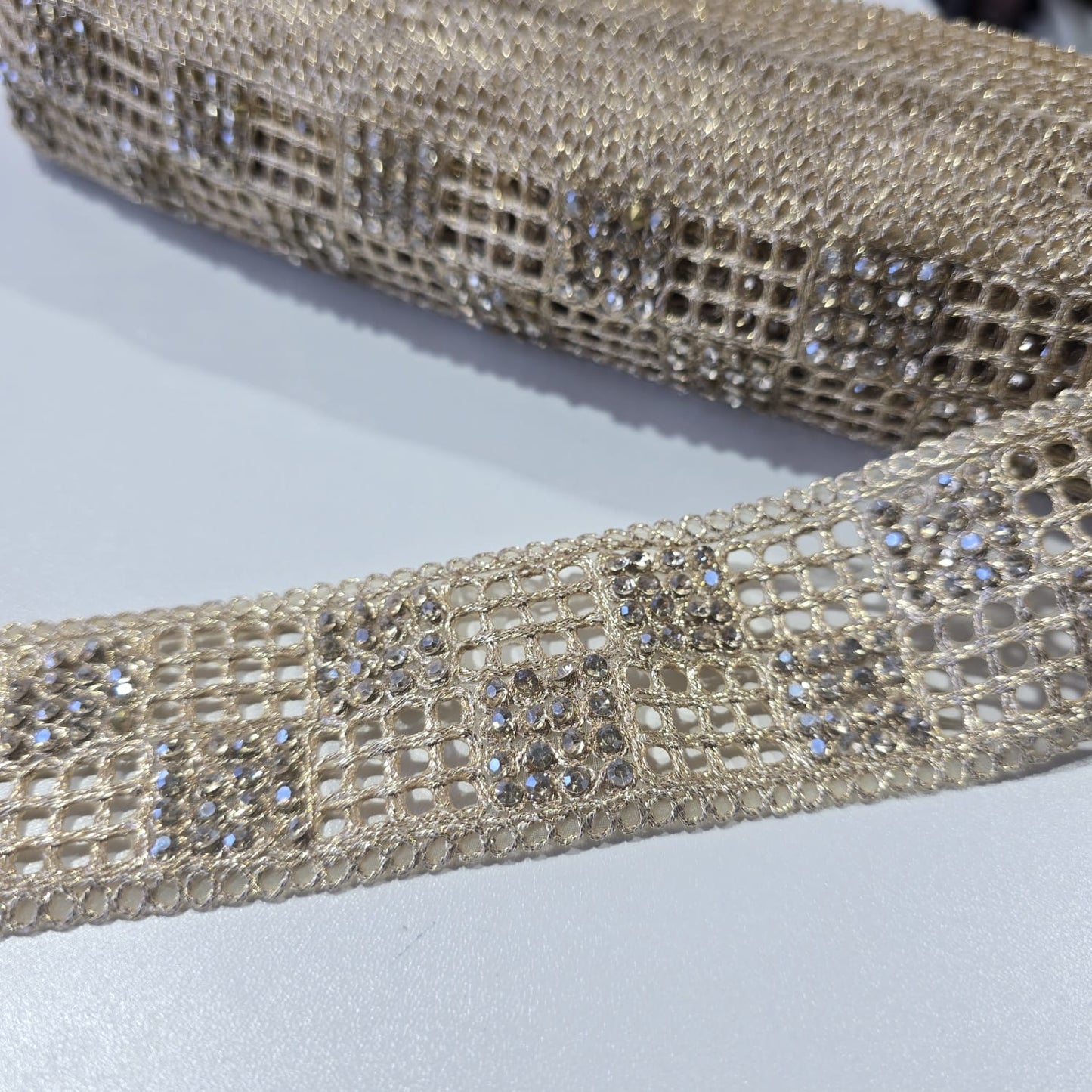 9 Metre Gold Crystal Lattice Lace Trim | Embroidered Rhinestone Mesh Border for Bridal, Saree & Dress Making