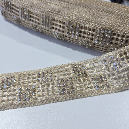 9 Metre Gold Crystal Lattice Lace Trim | Embroidered Rhinestone Mesh Border for Bridal, Saree & Dress Making