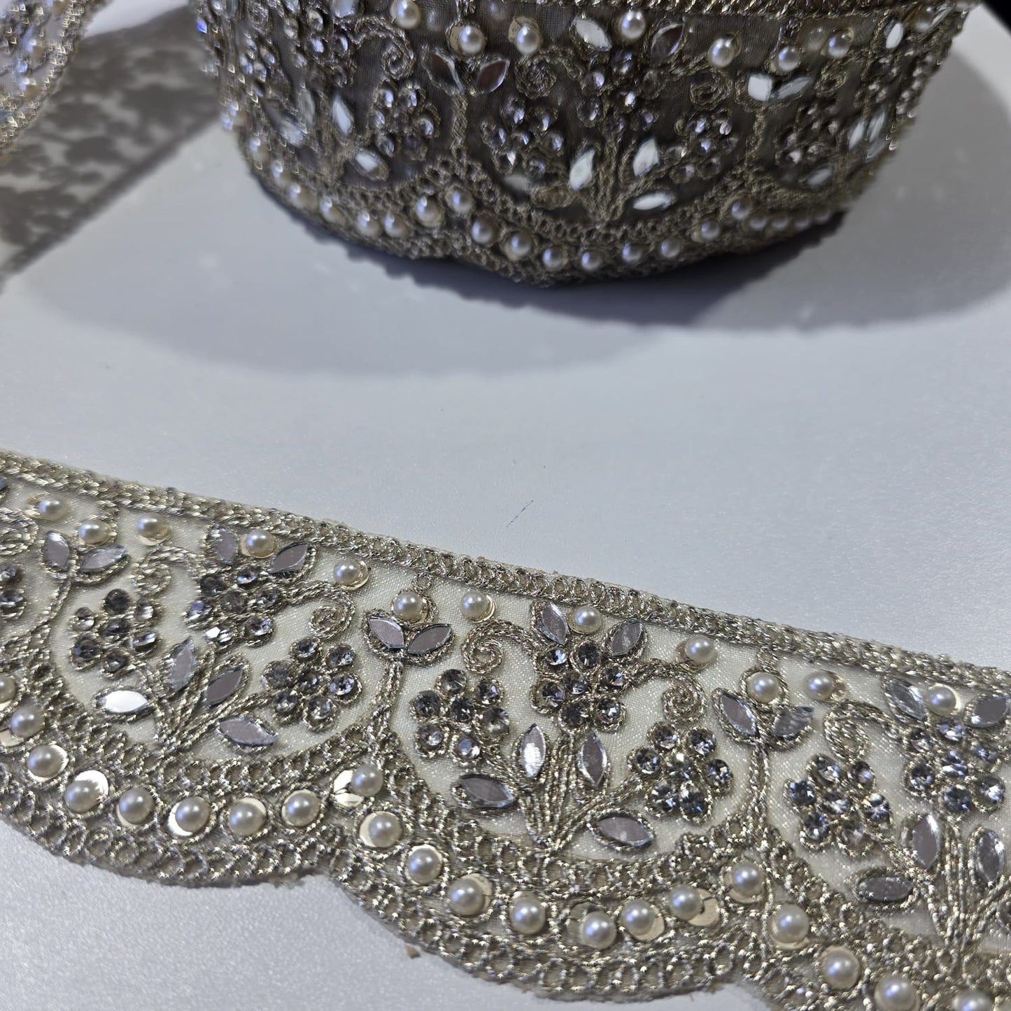9 Metre Luxury Gold Pearl & Crystal Embroidered Lace Trim | Bridal Floral Border for Saree, Lehenga & Dress Making