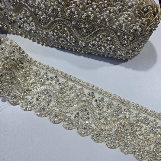 9 Metre Luxury Gold Pearl & Crystal Embroidered Lace Trim | Scalloped Bridal Border for Saree, Lehenga & Wedding Dress