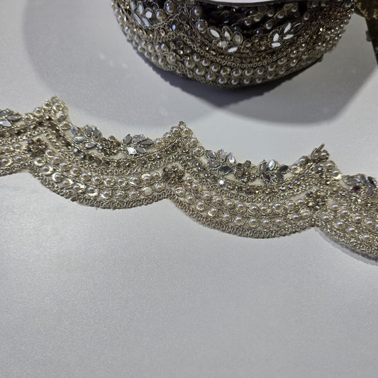Luxury Ivory Pearl & Crystal Embroidered Scalloped Lace Trim Border | Bridal Saree Dress Sewing Trim by 9 Metres