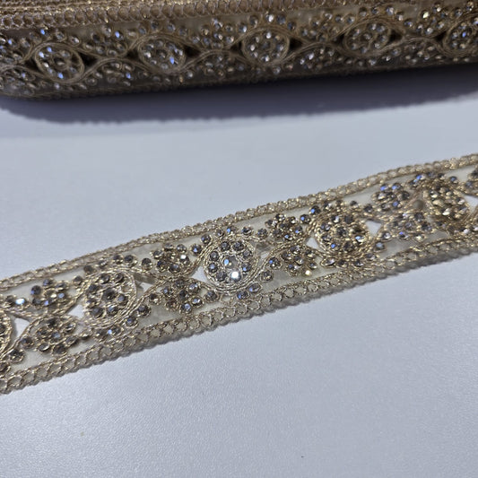 9 Metre Gold Crystal Embroidered Lace Trim | Luxury Floral Rhinestone Bridal Border for Saree, Dress & Craft