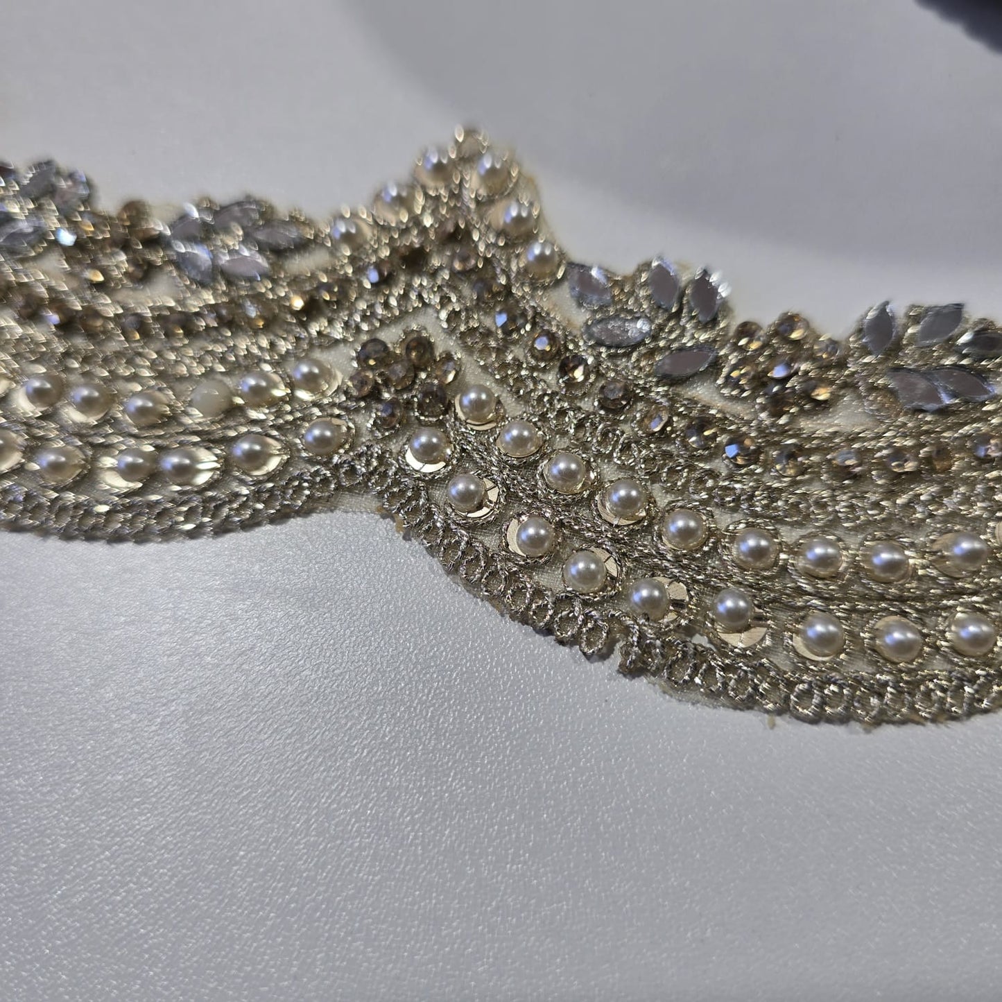 Luxury Ivory Pearl & Crystal Embroidered Scalloped Lace Trim Border | Bridal Saree Dress Sewing Trim by 9 Metres