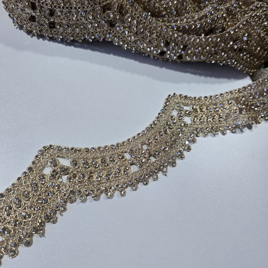 Luxury Crystal Embroidered Wide Lace Trim Border | Bridal Saree Dress Decorative Sewing Trim by 9 Metres