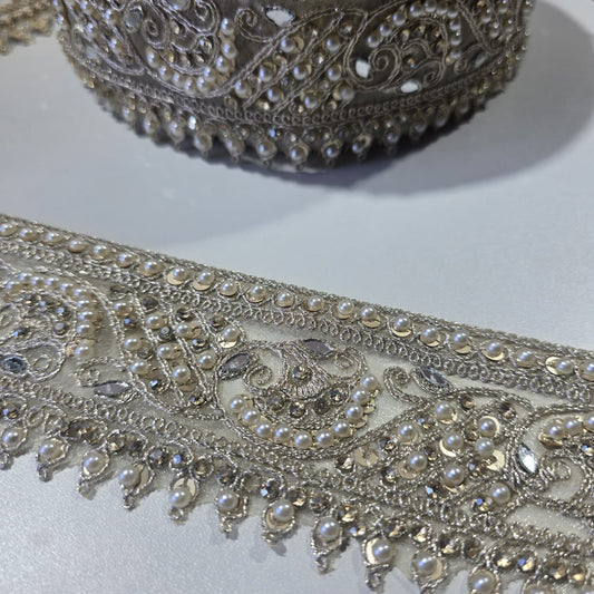 Luxury Ivory Pearl & Crystal Embroidered Lace Trim Border | Bridal Saree Dress Decorative Trim by 9 Metres