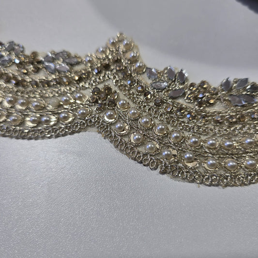 Luxury Ivory Pearl & Crystal Embroidered Scalloped Lace Trim Border | Bridal Saree Dress Sewing Trim by 9 Metres