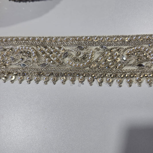 Luxury Ivory Pearl & Crystal Embroidered Lace Trim Border | Bridal Saree Dress Decorative Trim by 9 Metres