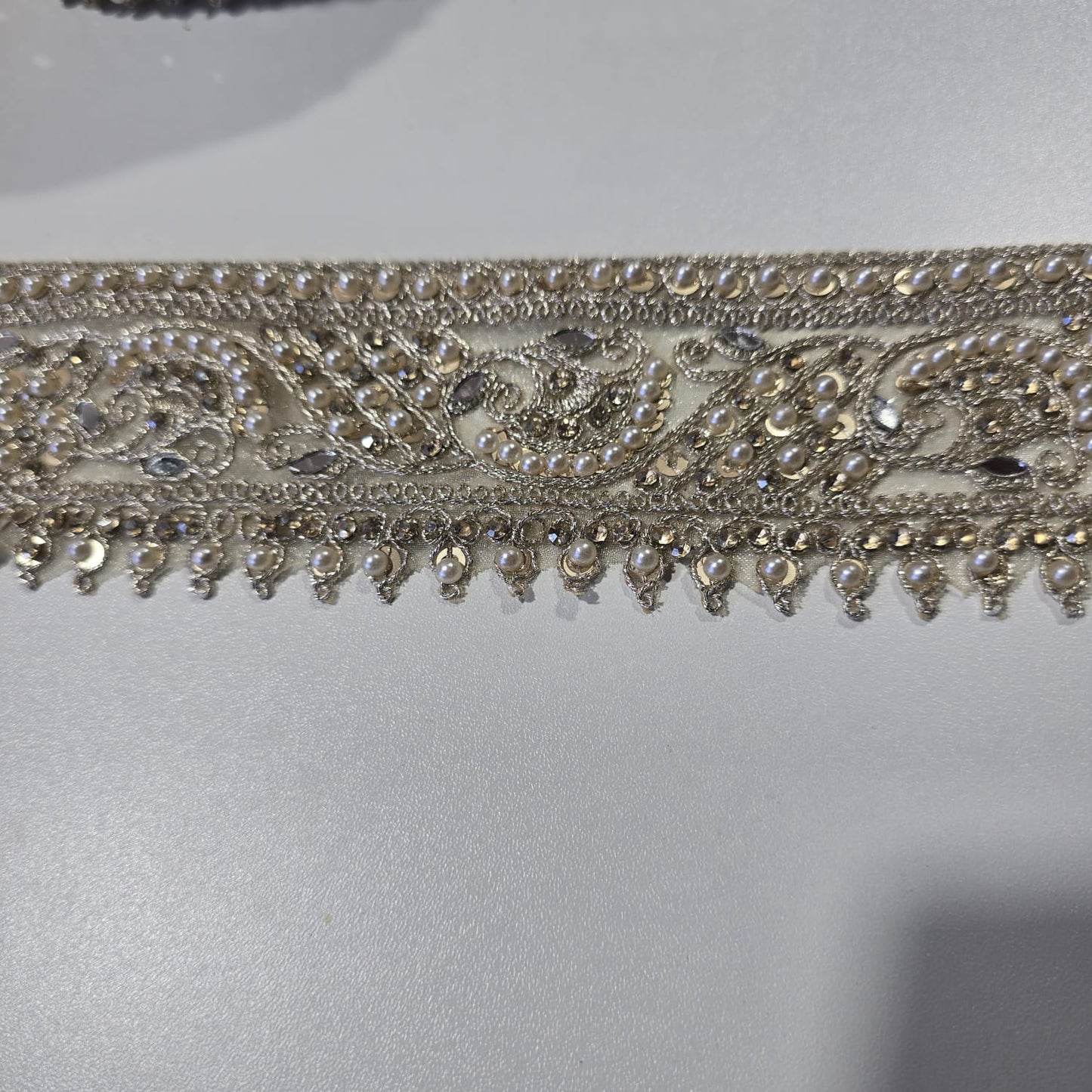 Luxury Ivory Pearl & Crystal Embroidered Lace Trim Border | Bridal Wedding Dress Saree Decorative Trim by 9 Metres
