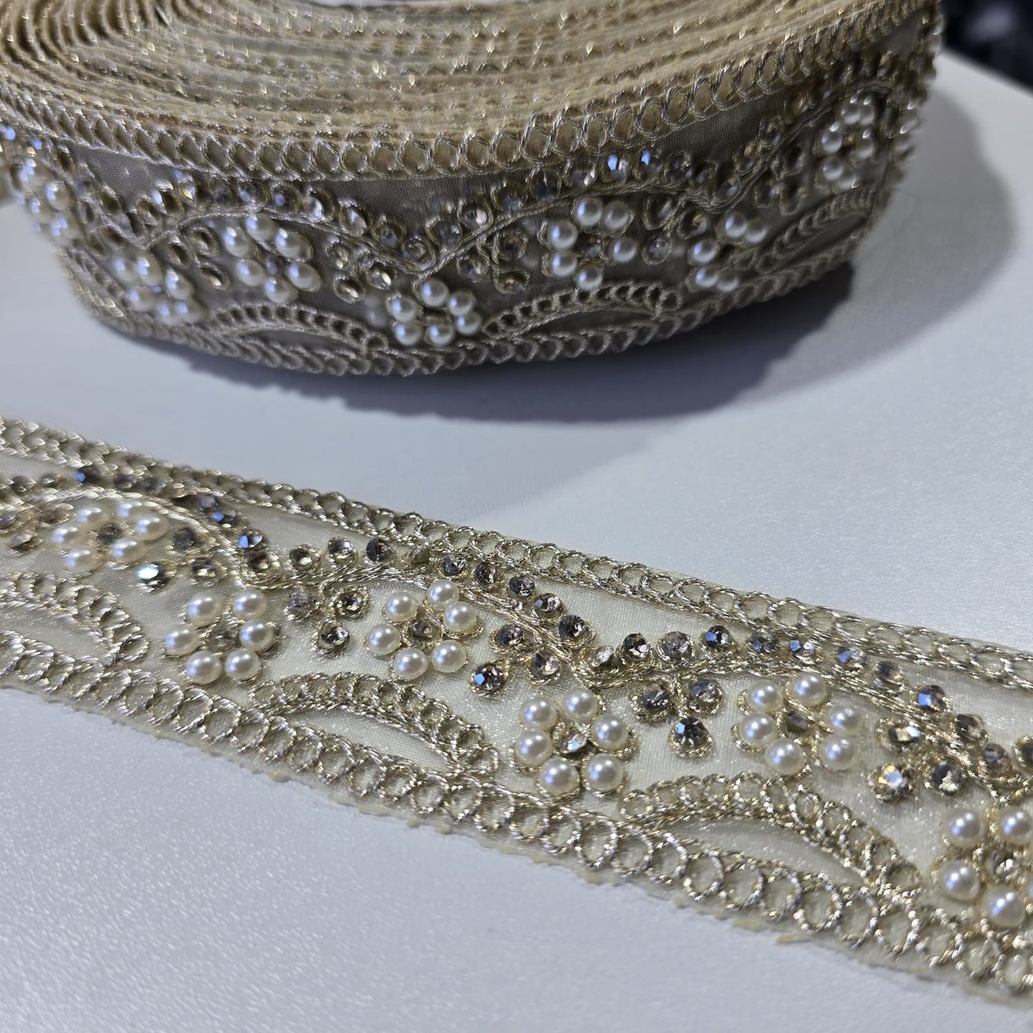 Luxury Ivory Pearl & Crystal Embroidered Lace Trim Border | Bridal Wedding Dress Saree Decorative Trim by 9 Metres