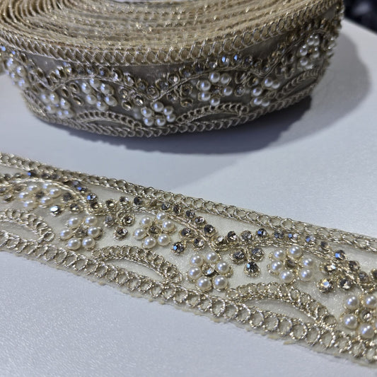 Luxury Ivory Pearl & Crystal Embroidered Lace Trim Border | Bridal Wedding Dress Saree Decorative Trim by 9 Metres