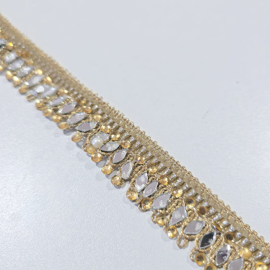 Luxury Gold Mirror & Crystal Embroidered Lace Trim Border | Bridal Saree Wedding Dress Decorative Trim by 9 Metres