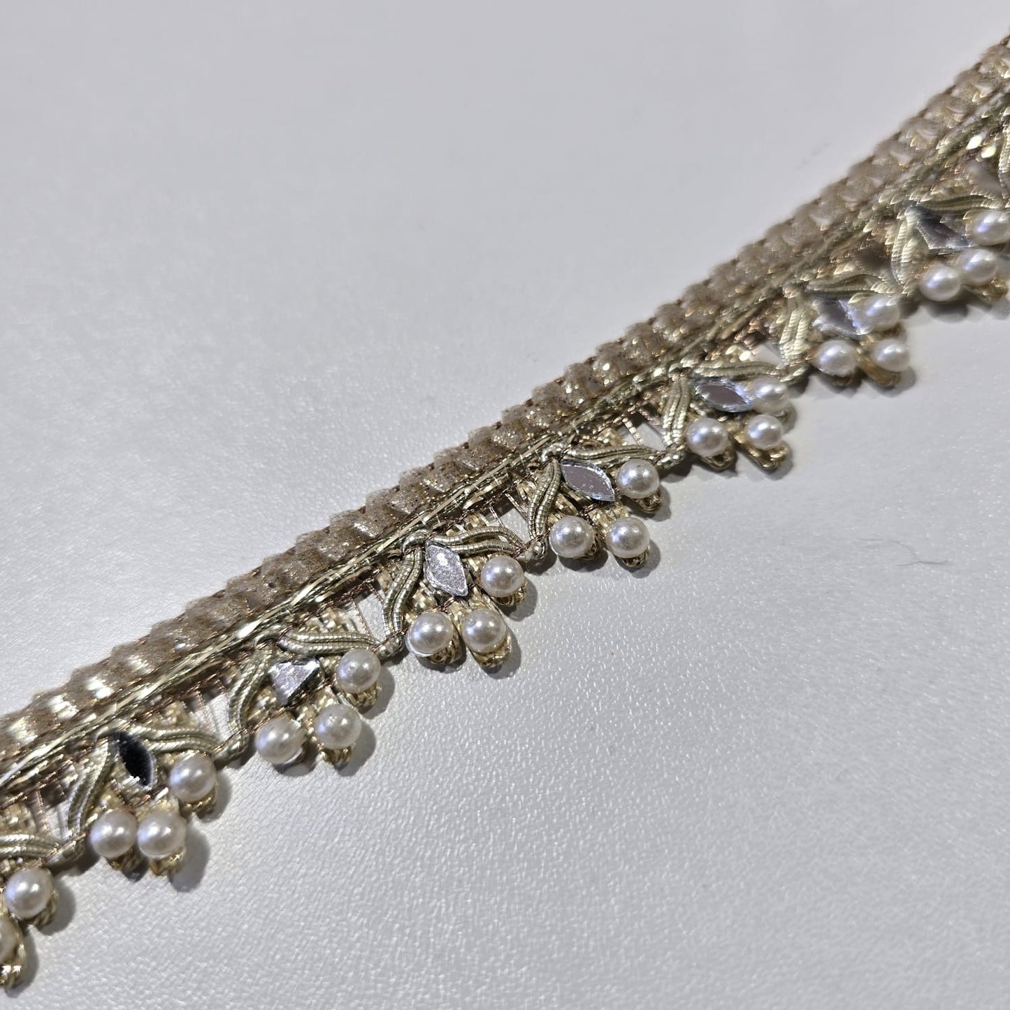Luxury Gold Pearl & Mirror Embroidered Lace Trim Border | Bridal Wedding Saree Decorative Trim by 9 Metres