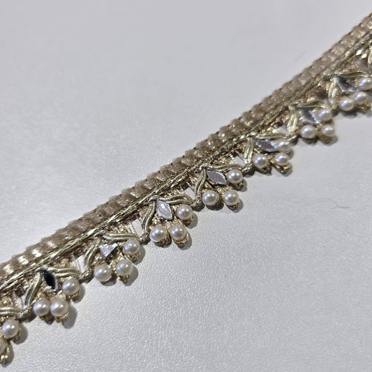 Luxury Gold Pearl & Mirror Embroidered Lace Trim Border | Bridal Wedding Saree Decorative Trim by 9 Metres